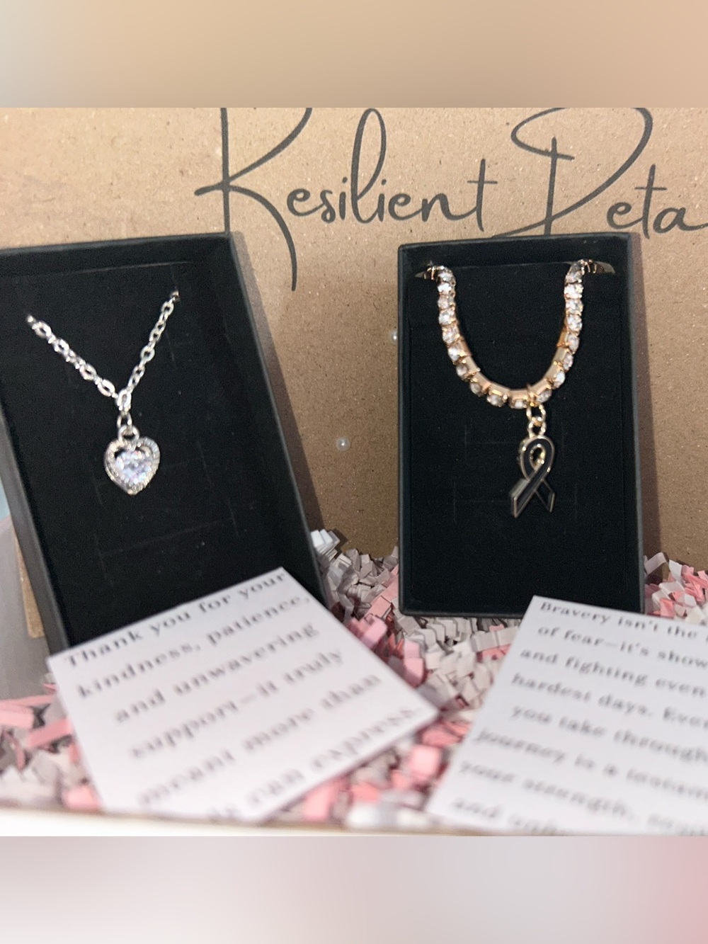 Gold/black ribbon bracelet & heart crystal necklace